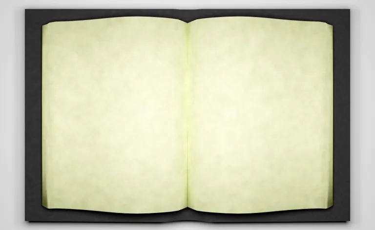 An open, hard-cover book showing two blank pages.