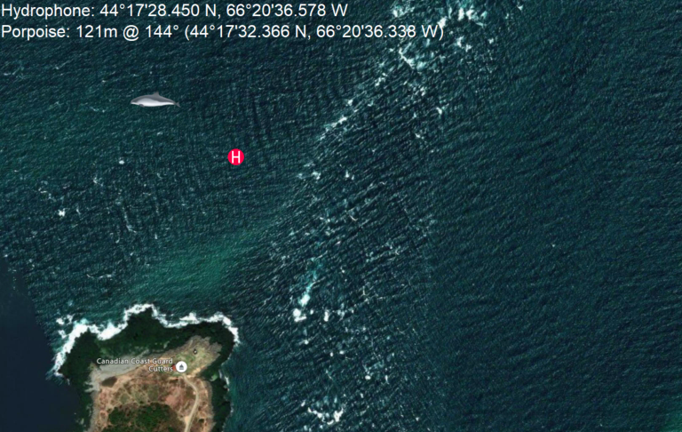 The Harbour Porpoise Map program showing the position estimation of a porpoise and the location of the sensor array.
